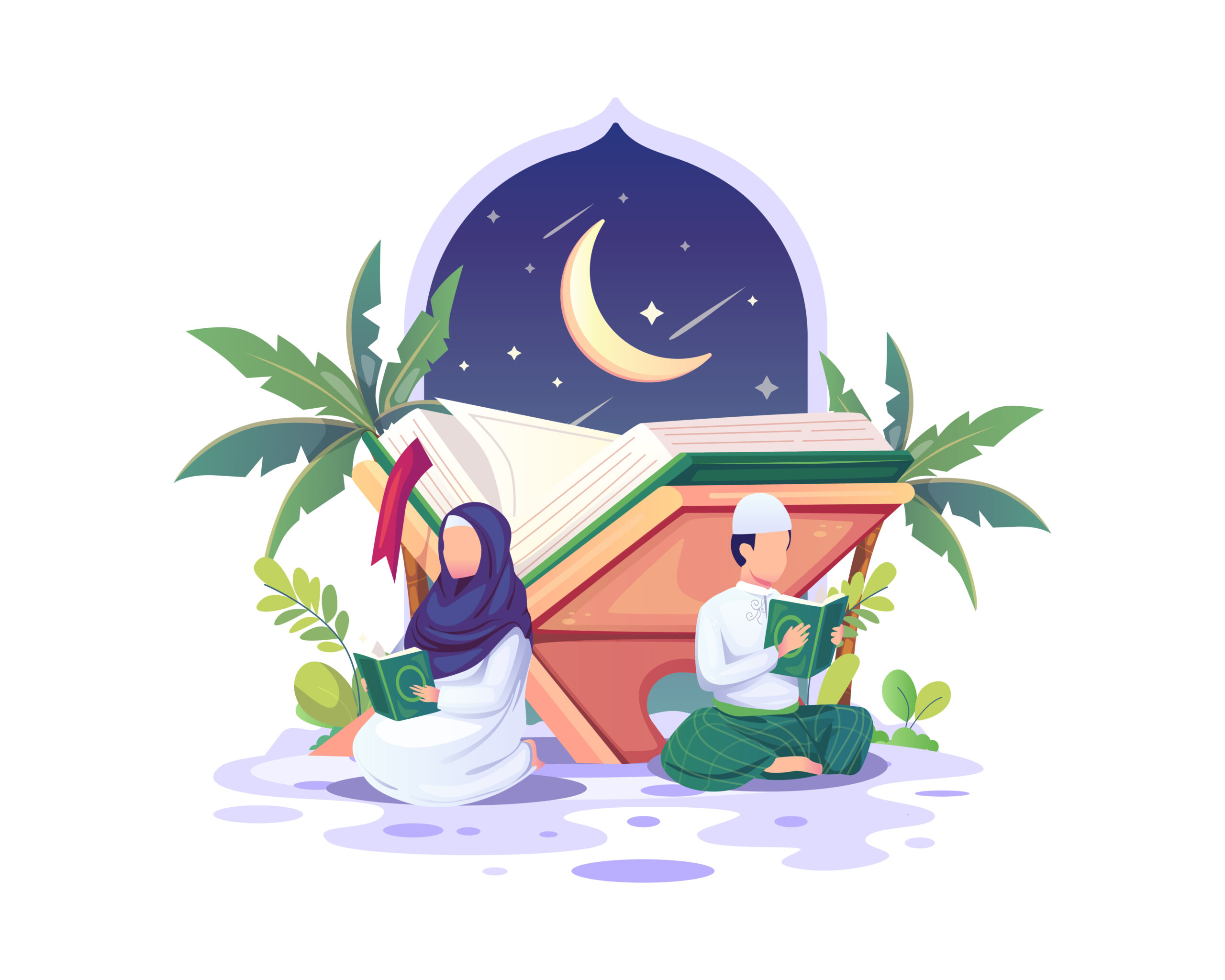Muslim couple reading and studying the Quran during Ramadan Kareem holy Month vector illustration